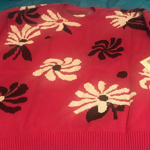 NWT FOR DAYS Oversized Cotton Floral Crew Sweater in Hot Pink - Picture 3 of 3
